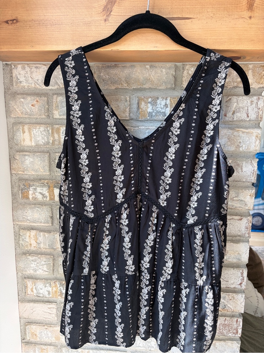 Angie Boho black rayon blouse with white floral pattern